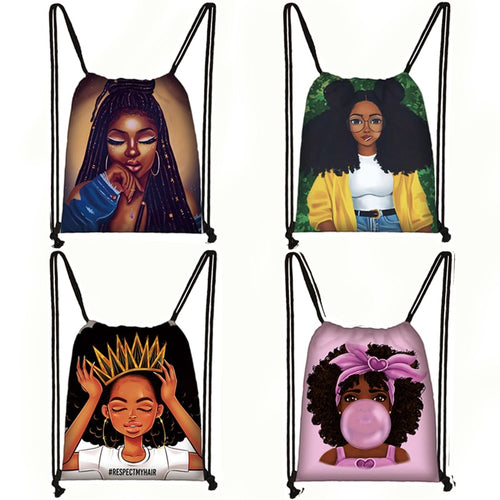 Afro Girls Print Drawstring Bag for Women and Girls